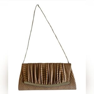 Faux Snakeskin Leather Handbag Clutch Tan Flap Close Metal Chain Shoulder Purse